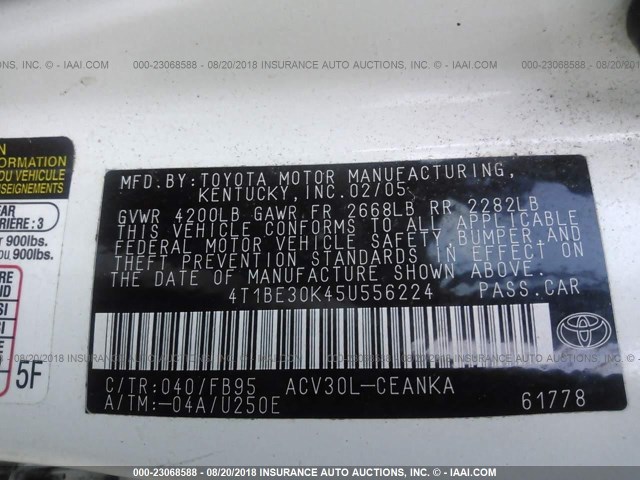 4T1BE30K45U556224 - 2005 TOYOTA CAMRY LE/XLE/SE Ağ foto 9