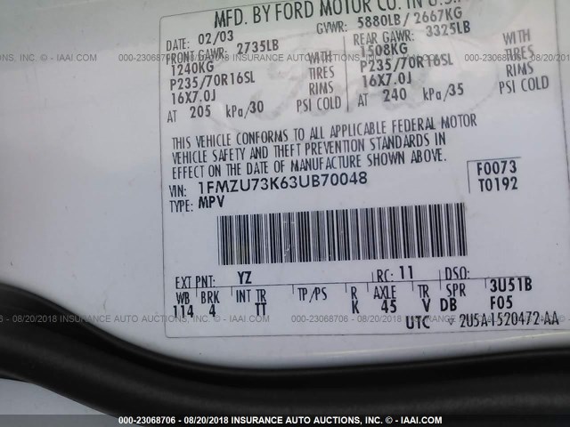 1FMZU73K63UB70048 - 2003 FORD EXPLORER XLT/XLT SPORT/NBX 白色 照片 9