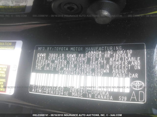 2T1KU4EE2AC464097 - 2010 TOYOTA COROLLA MATRIX  BLACK photo 9