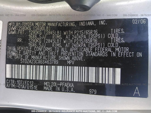 5TDZA23CX6S463789 - 2006 TOYOTA SIENNA CE/LE SILVER photo 9