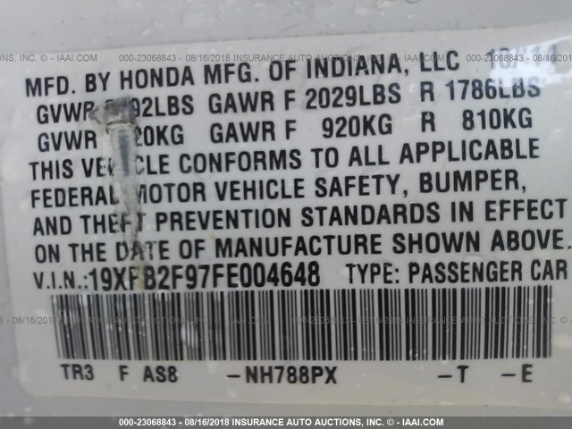 19XFB2F97FE004648 - 2015 HONDA CIVIC EXL 白色 照片 9