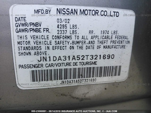 JN1DA31A52T321690 - 2002 NISSAN MAXIMA GLE/SE Champagne photo 9