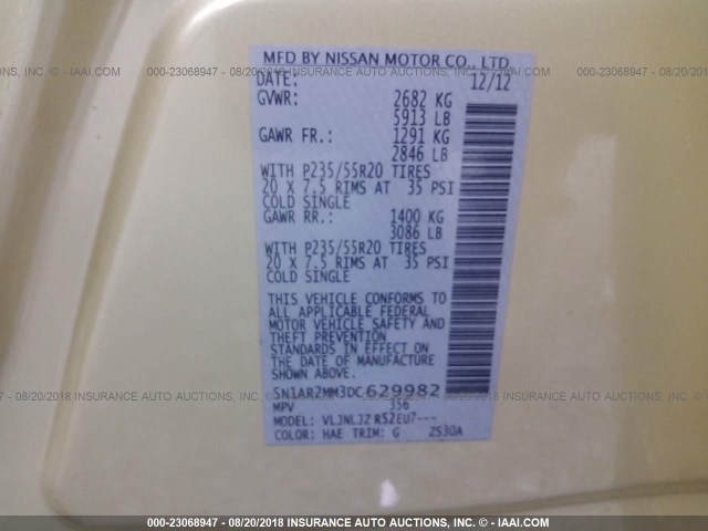 5N1AR2MM3DC629982 - 2013 NISSAN PATHFINDER S/SV/SL/PLATINUM Champagne photo 9