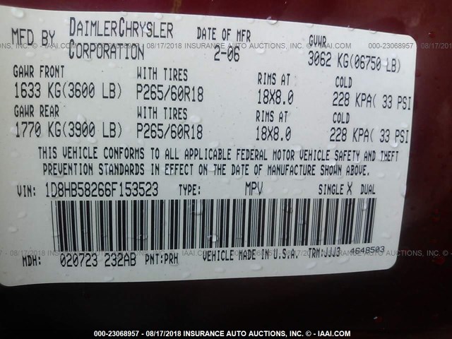 1D8HB58266F153523 - 2006 DODGE DURANGO LIMITED RED photo 9