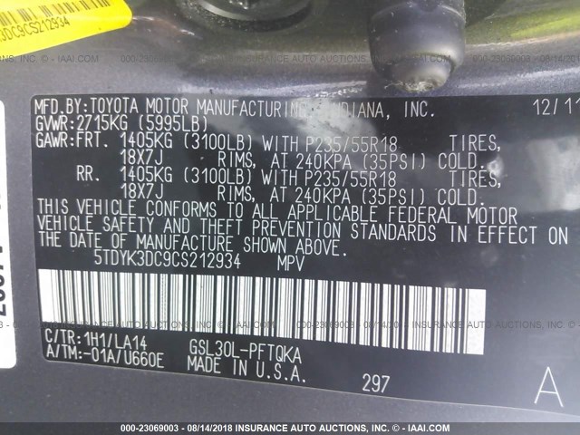 5TDYK3DC9CS212934 - 2012 TOYOTA SIENNA XLE/LIMITED GRAY photo 9