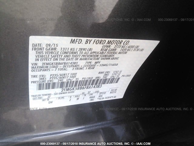 2FMGK5B86FBA14383 - 2015 FORD FLEX SE GRAY photo 9