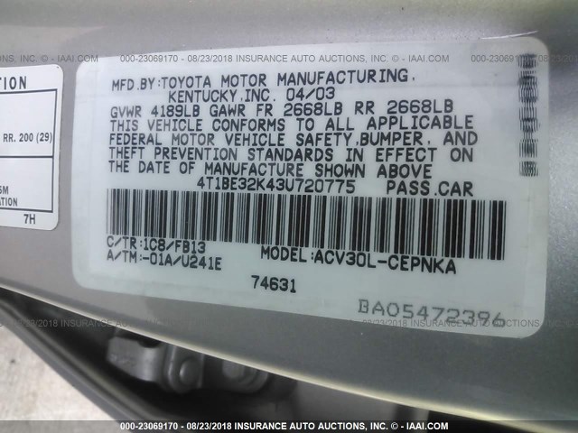 4T1BE32K43U720775 - 2003 TOYOTA CAMRY LE/XLE/SE SILVER photo 9