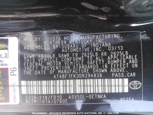 4T4BF1FK3DR294838 - 2013 TOYOTA CAMRY L/SE/LE/XLE 黑色 照片 9