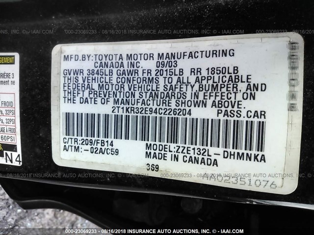 2T1KR32E94C226204 - 2004 TOYOTA COROLLA MATRIX XR BLACK photo 9