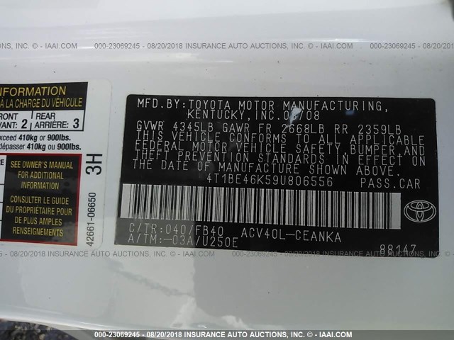 4T1BE46K59U806556 - 2009 TOYOTA CAMRY SE/LE/XLE თეთრი ფოტო 9