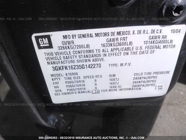 3GKFK16Z35G142270 - 2005 GMC YUKON XL K1500 BLACK photo 9