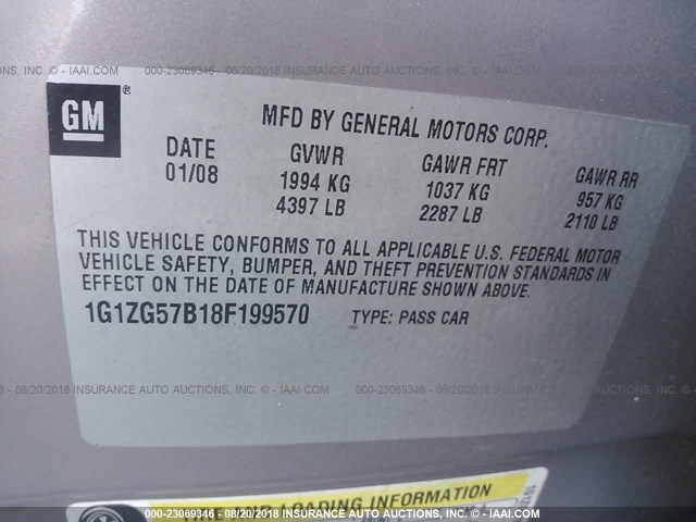 1G1ZG57B18F199570 - 2008 CHEVROLET MALIBU LS GOLD photo 9