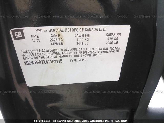 2G2WP582X61162115 - 2006 PONTIAC GRAND PRIX BLACK photo 9