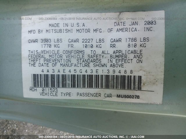 4A3AE45G43E139488 - 2003 MITSUBISHI ECLIPSE SPYDER GS 绿色 照片 9