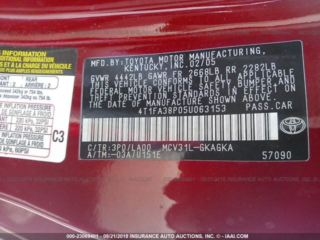 4T1FA38P05U063153 - 2005 TOYOTA CAMRY SOLARA SE/SLE Qırmızı foto 9