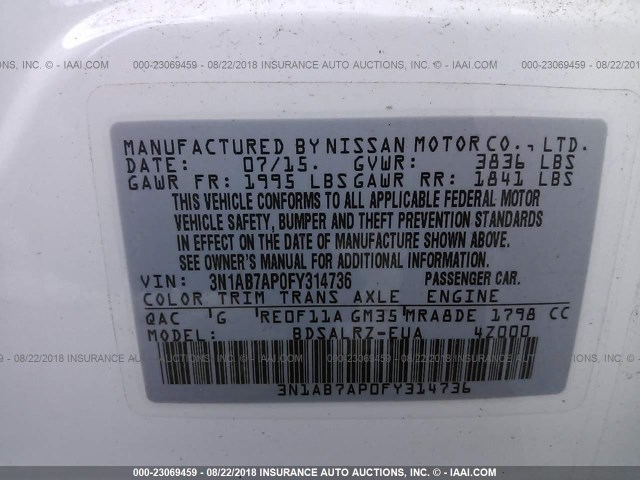 3N1AB7AP0FY314736 - 2015 NISSAN SENTRA S/SV/SR/SL WHITE photo 9