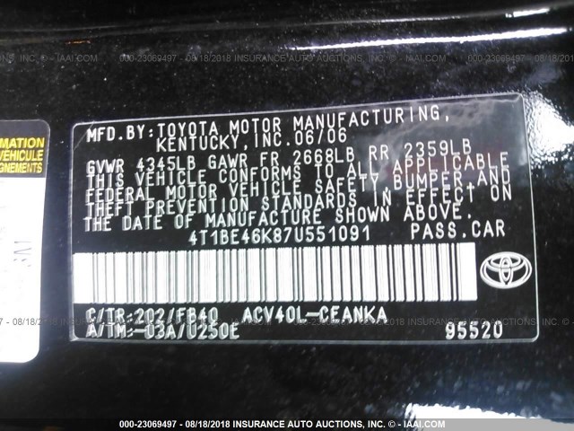 4T1BE46K87U551091 - 2007 TOYOTA CAMRY NEW GENERAT CE/LE/XLE/SE BLACK photo 9