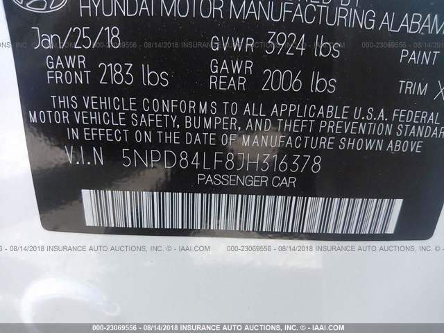 5NPD84LF8JH316378 - 2018 HYUNDAI ELANTRA SEL/VALUE/LIMITED WHITE photo 9