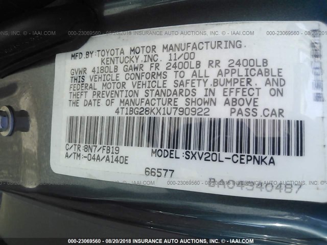 4T1BG28KX1U790922 - 2001 TOYOTA CAMRY CE/LE/XLE 蓝色 照片 9