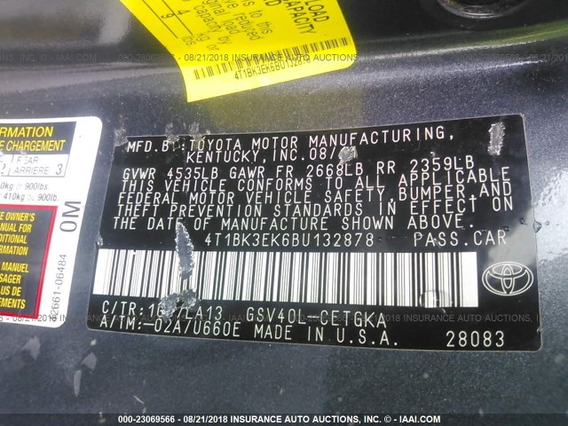 4T1BK3EK6BU132878 - 2011 TOYOTA CAMRY SE/LE/XLE ნაცრისფერი ფოტო 9