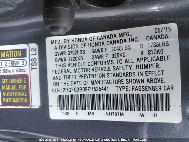 2HGFG3B09FH525441 - 2015 HONDA CIVIC EXL 灰色 照片 9