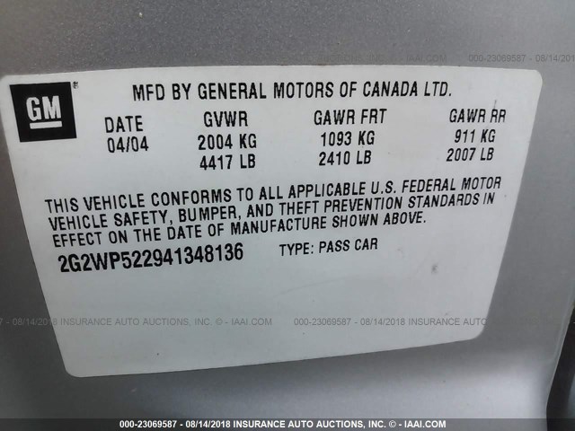 2G2WP522941348136 - 2004 PONTIAC GRAND PRIX GT SILVER photo 9