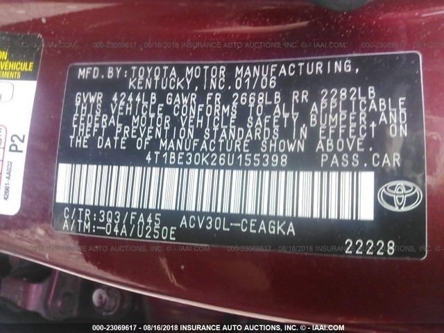 4T1BE30K26U155398 - 2006 TOYOTA CAMRY LE/XLE/SE Қызыл фото 9