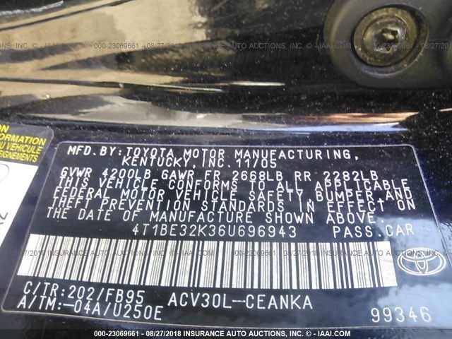 4T1BE32K36U696943 - 2006 TOYOTA CAMRY LE/XLE/SE Qara foto 9