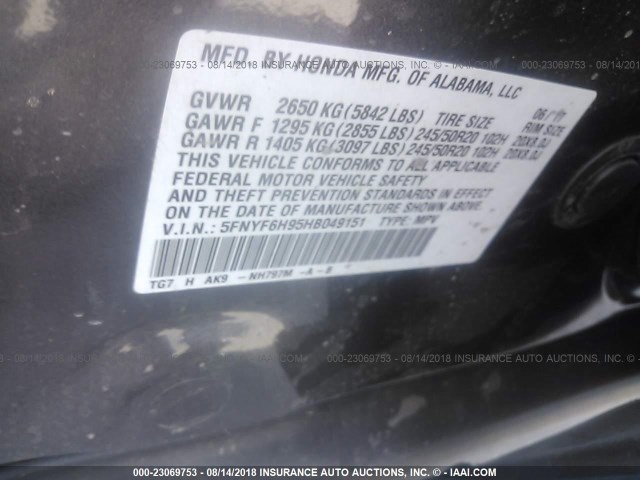 5FNYF6H95HB049151 - 2017 HONDA PILOT TOURING GRAY photo 9