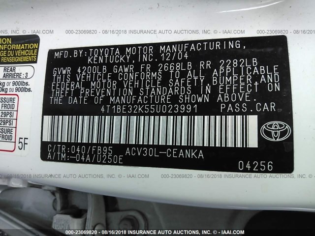 4T1BE32K55U023991 - 2005 TOYOTA CAMRY LE/XLE/SE 白色 照片 9