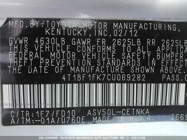 4T1BF1FK7CU069282 - 2012 TOYOTA CAMRY SE/LE/XLE SILVER photo 9