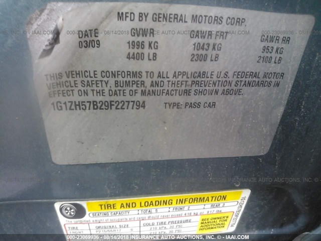 1G1ZH57B29F227794 - 2009 CHEVROLET MALIBU 1LT 绿色 照片 9