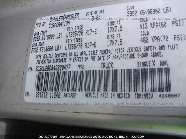 3D3KU28D84G220477 - 2004 DODGE RAM 2500 ST/SLT 银色 照片 9