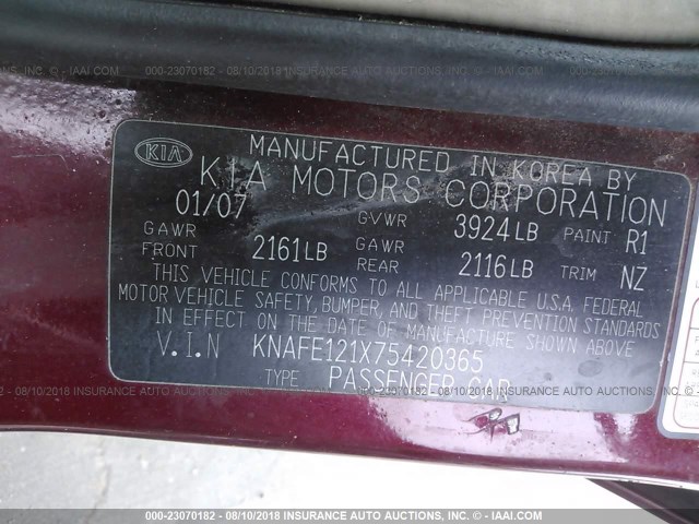 KNAFE121X75420365 - 2007 KIA SPECTRA EX/LX MAROON photo 9