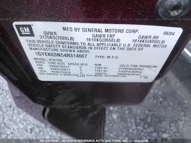 1GYEK63N54R314667 - 2004 CADILLAC ESCALADE LUXURY Tünd qırmızı foto 9