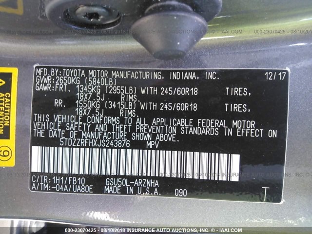 5TDZZRFHXJS243876 - 2018 TOYOTA HIGHLANDER LE/LE PLUS GRAY photo 9