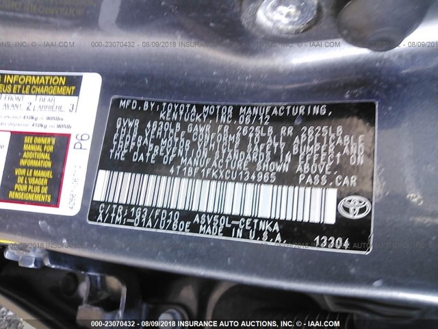 4T1BF1FKXCU134965 - 2012 TOYOTA CAMRY SE/LE/XLE 灰色 照片 9