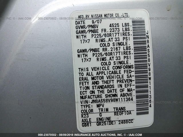 JN8AS58V98W111364 - 2008 NISSAN ROGUE S/SL SILVER photo 9