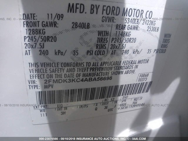 2FMDK3KC4ABA56698 - 2010 FORD EDGE LIMITED WHITE photo 9