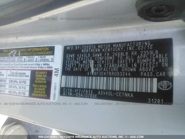 4T4BF3EK7BR093244 - 2011 TOYOTA CAMRY SE/LE/XLE ვერცხლისფერი ფოტო 9