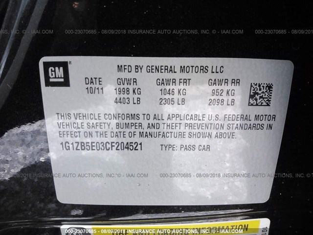 1G1ZB5E03CF204521 - 2012 CHEVROLET MALIBU LS შავი ფოტო 9