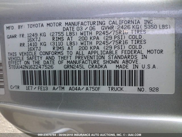 5TEUU42N16Z247526 - 2006 TOYOTA TACOMA Күміс фото 9