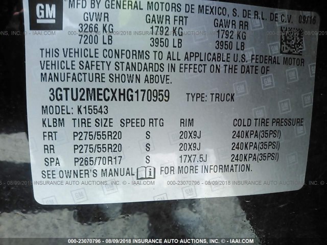 3GTU2MECXHG170959 - 2017 GMC SIERRA K1500 SLE BLACK photo 9