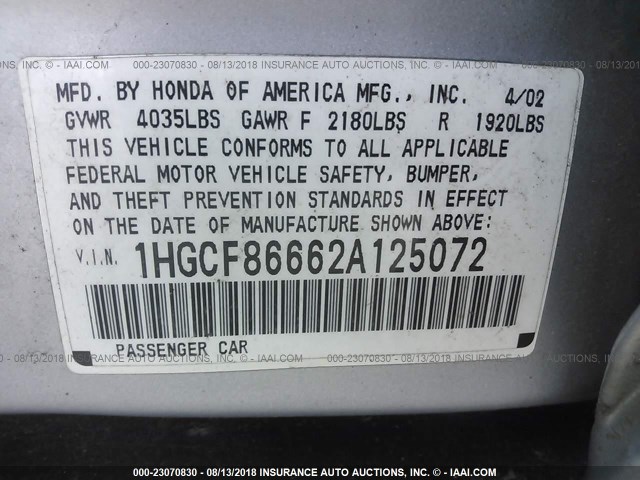 1HGCF86662A125072 - 2002 HONDA ACCORD VALUE SILVER photo 9