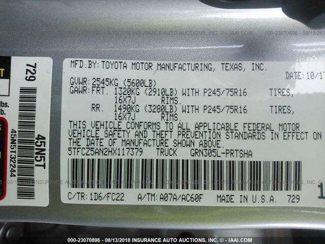 5TFCZ5AN2HX117379 - 2017 TOYOTA TACOMA DBL CAB/SR/TRDSPT/OR/PRO ვერცხლისფერი ფოტო 9