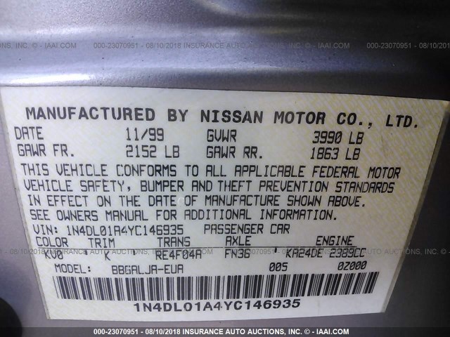 1N4DL01A4YC146935 - 2000 NISSAN ALTIMA XE/GXE/SE/GLE GRAY photo 9