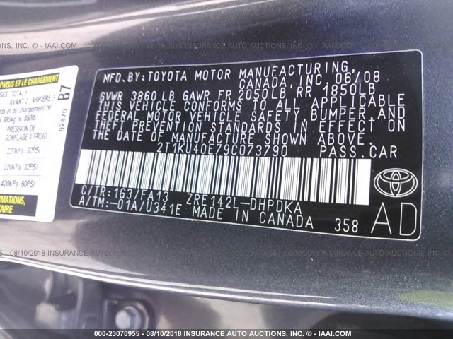 2T1KV40E79C073790 - 2009 TOYOTA COROLLA MATRIX  GRAY photo 9
