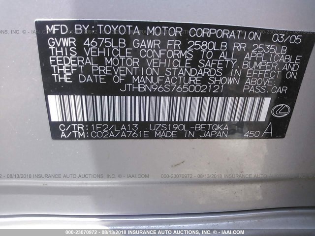 JTHBN96S765002121 - 2006 LEXUS GS GENERATION 200 430 SILVER photo 9