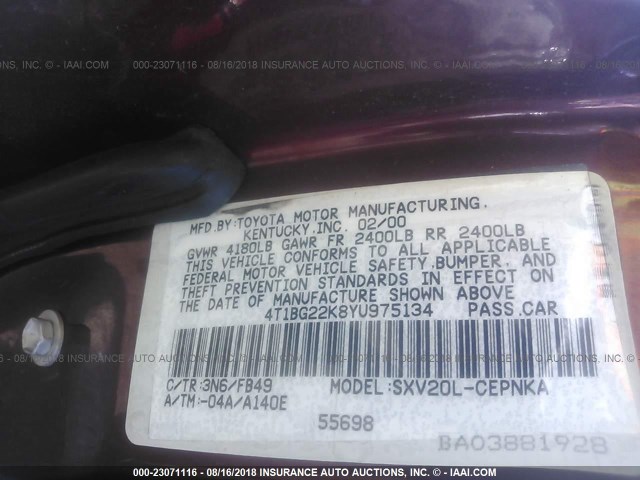 4T1BG22K8YU975134 - 2000 TOYOTA CAMRY CE/LE/XLE 栗色 照片 9