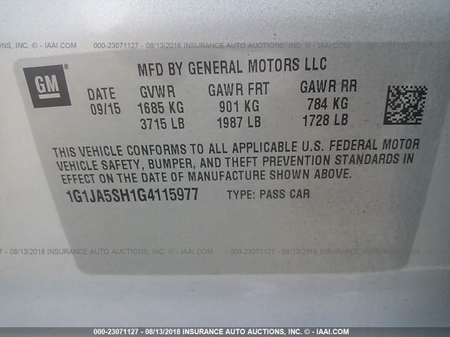 1G1JA5SH1G4115977 - 2016 CHEVROLET SONIC LS SILVER photo 9